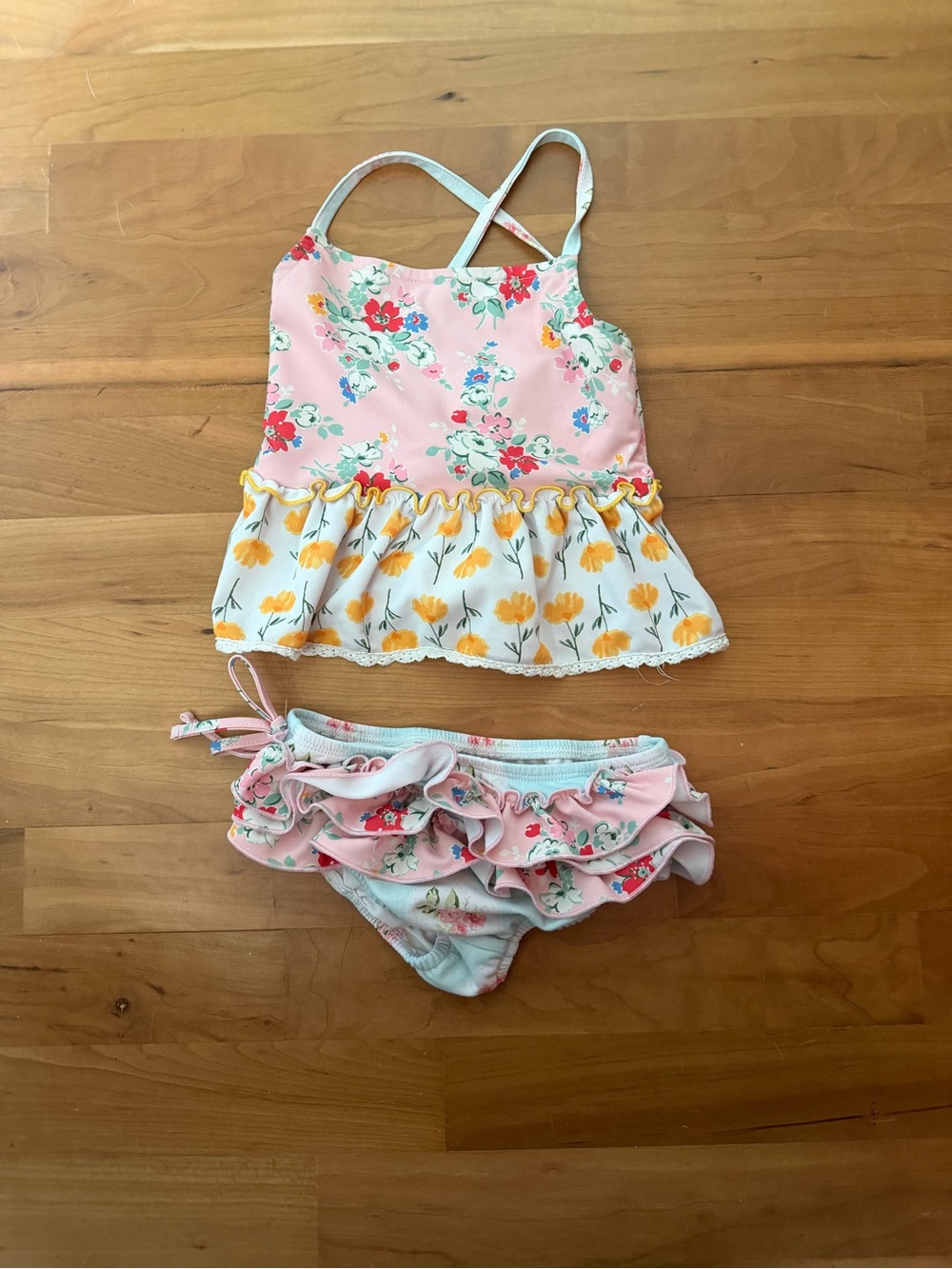 SweetHoney Pink Floral Ruffle Tankini with Yellow Floral Skirt